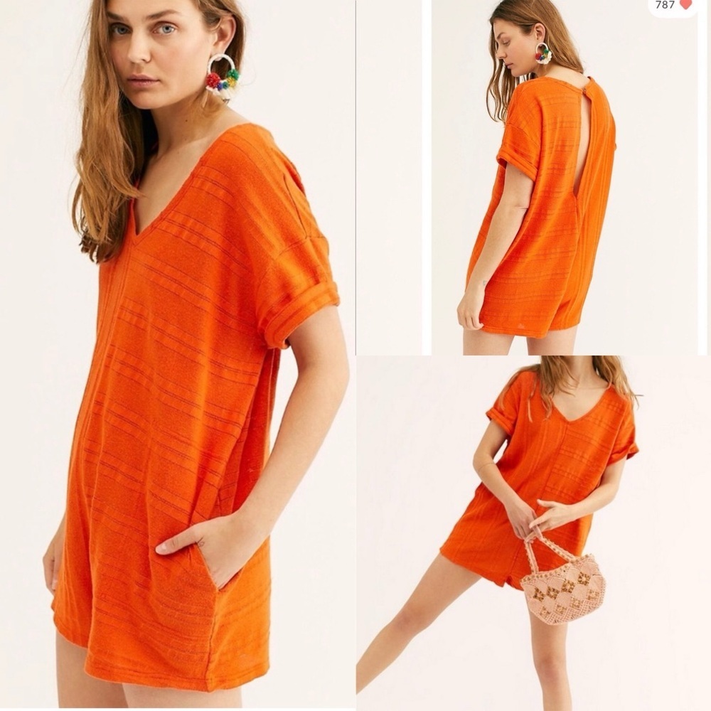 Free People Beach Size Small Belmont Orange Oversize Romper Open Back Slub Knit